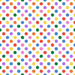 Colorful polka dot circle shape seamless pattern illustration. Creative hand drawn dots art background print for children. Trendy design with fun shapes in bright primary colors. © Dedraw Studio