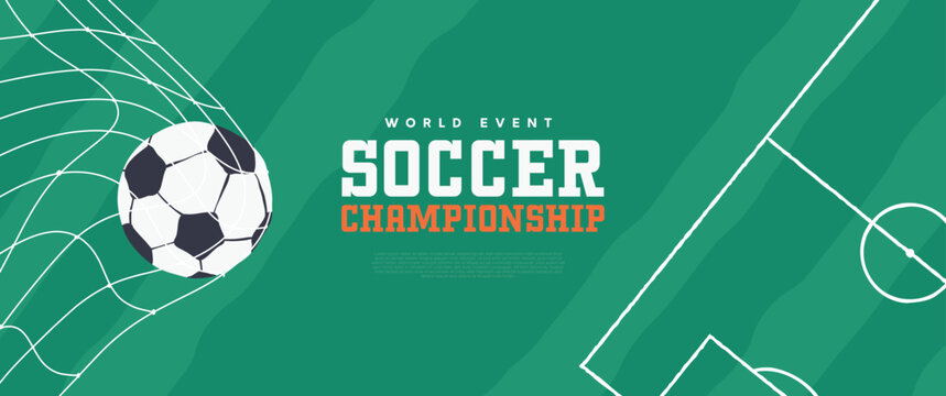 Soccer game championship event web banner template background. Modern hand drawn cartoon illustration for online cup invitation or special tournament competition match.