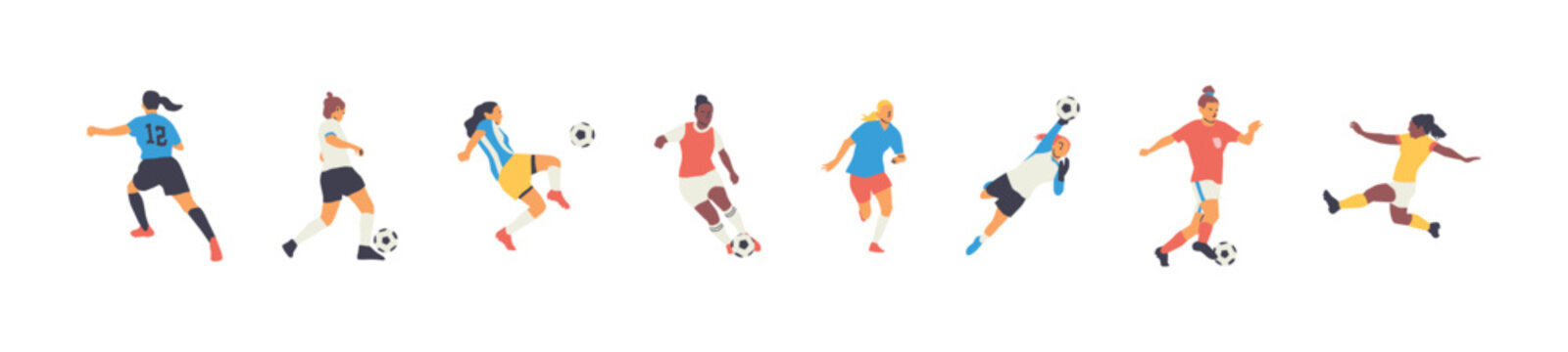 Diverse all women soccer player  team people set. Colorful retro style female athlete playing football game on isolated background. Woman tournament match collection, sport illustration. 