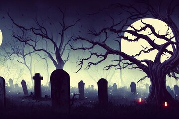 Misty Cemetery with Lights in Mystical Autumn Old Small Town 3D Art Fantasy Illustration. Spooky Huts in Ghost Village Mysterious Halloween Background. Ominous Witch Street in Oldtown