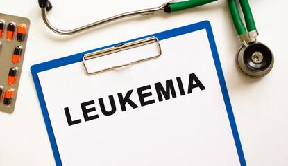 Text LEUKEMIA in the folder with the stethoscope. Medical concept.