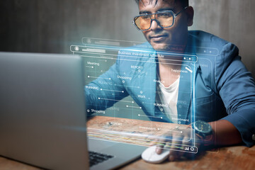 Analytical businessman working with computers in Business Analytics and Data Management System to create investment schedules, reports with KPIs and metrics connected to a database. financial strategy