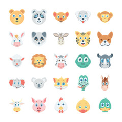 Birds and Animals Faces Colored Vector Icons 