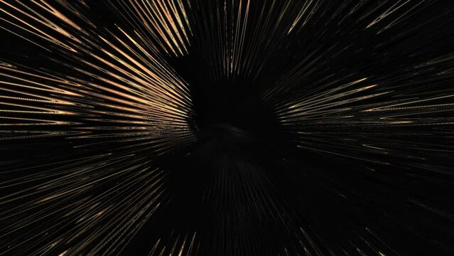 Glowing gold line abstract tunnel on black background. Slow motion fly through, copy space