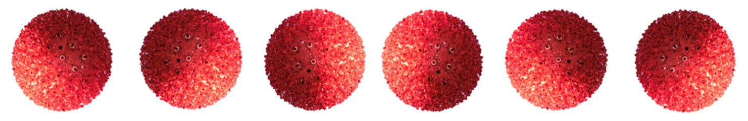 
Seamless horizontal banner of six red colored outdoor Christmas lighted balls isolated on transparent background
