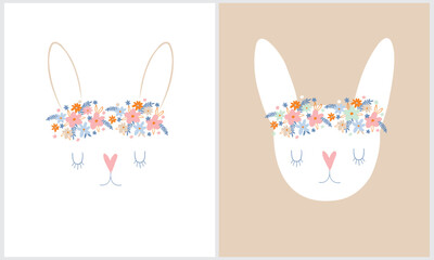 Lovely Vector Illustration with Cute Bunny in a Floral Wreath. Cute Rabbit on a Light Beige and White Background. Easter or Chinese New Year Vector Print ideal for Card, Wall Art, Invitation.
