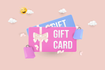 3d Luxury gift card, gift vouchers with ribbons, and shopping bag. 3D Vector Illustration.