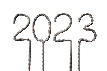 New Year 2023. Numbers are bent from steel reinforcement. Construction concept. Transparent background. 3D rendering