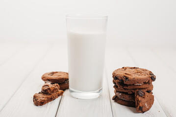 Glass of milk and chocolate biscuits for breakfast