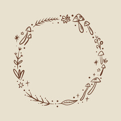 Floral frame or wreath mushroom, goblincore, witchcore, fairycore style aesthetic decor elements. Cartoon doodle text template in woodland forest style. Vector and jpg printable image, unique boho