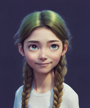 braided blonde hair young beautiful generic girl character portrait, digital painting in 3D cartoon movies style