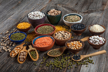 Vegan protein source.Various assortment of legumes, lentils, chickpea and beans assortment in...