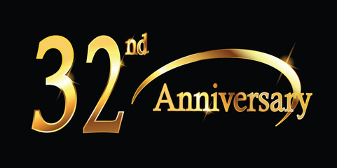 32nd Anniversary celebration. Gold Luxury Banner of 32nd Anniversary celebration. thirty-second celebration card. Vector anniversary