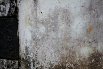 A weathered concrete wall with cracks and peeling paint, showing signs of age and decay.