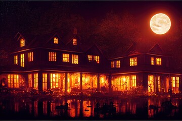 Halloween house on fire with full moon. Scary building at night, trees and forest, bat. Ai generated image
