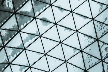 The glass roof of the mall and snow on it.