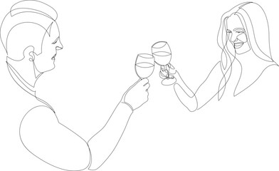 Continuous line drawing of man and woman cheering with glasses of wine. Vector illustration.