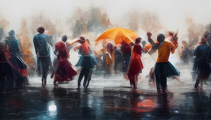Illustration image of people dancing under the rain. Ai generated image.