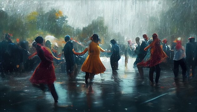 Illustration image of people dancing under the rain. Ai generated image.