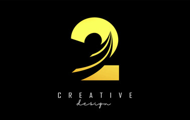 Golden Creative number 2 logo with leading lines and road concept design. Number with geometric design.