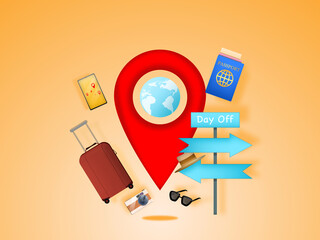 Concept Illustration Travel 3D. Set Travel Accessories Globe, Location, Suitcase, Passport, Camera, Phone, Sunglasses, Hat and Signpost. Object travel 