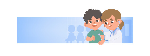 A banner a man checking up with woman doctor illustration vector cartoon character design on white background. Medical concept.