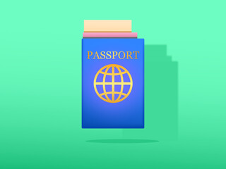 Concept Illustration Travel 3D. Passports, passports and cross-country documents floating on a green background.  Passport for traveling abroad. Object travel 