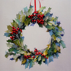 Hanging Holly Berry Christmas Wreath Digital Art created with generative AI technology