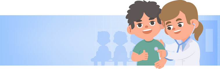 A banner a man checking up with woman doctor illustration vector cartoon character design on white background. Medical concept.