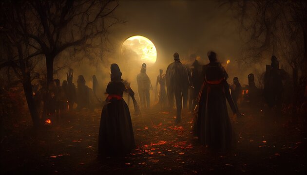 Scary vampires on the halloween night. Abstract Evil at night, halloween season, full moon. Ai generated image,