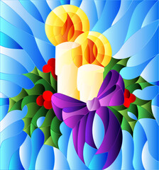 Illustration in stained glass style for New year and Christmas, candles, Holly branches and ribbons on a blue background