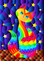 Fototapeta na wymiar Illustration in the style of stained glass with a bright rainbow cat on the roof against the background of the starry night sky, a rectangular image