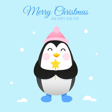 Cute penguin with a magic Christmas wand in its paws
