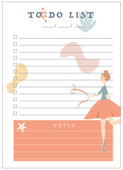 Daily planner, to-do list with ballerina and notes.