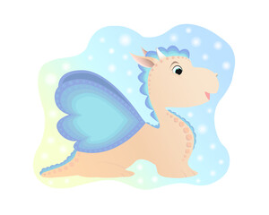 Colorful funny little dragon with wings on a colorful background with bubbles
