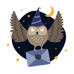 Funny owl in a magic hat fly with a letter. Owl post. Helloween scene. Vector hand drawn illustration.