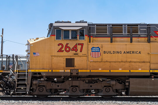 The front of Union Pacific locomotive 2647 waiting in a railyard in Milford, Utah, USA - June 17, 2022