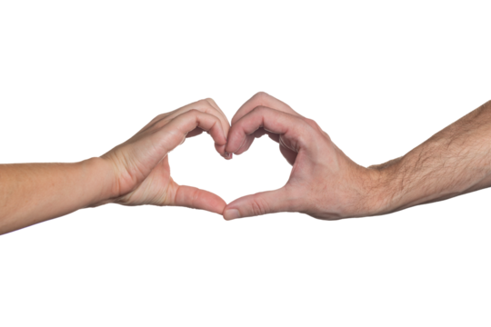Isolated man and woman combining hands to create a heart shape gesture