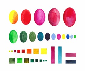 Watercolor bright colorful ovals, squares and rectangles shapes. Pallets of watercolor colors. Simple paint.