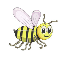 A bright yellow bee is funny and smiled sweetly on an isolated white background. Wasp. Insects and cartoons. Children's illustration. Individual elements. Print for children. Vector illustration.