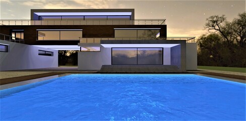 Luminous blue swimming pool on the territory of a stylish eco-friendly estate, built with innovative energy-efficient materials. Deep starry night. 3d render.