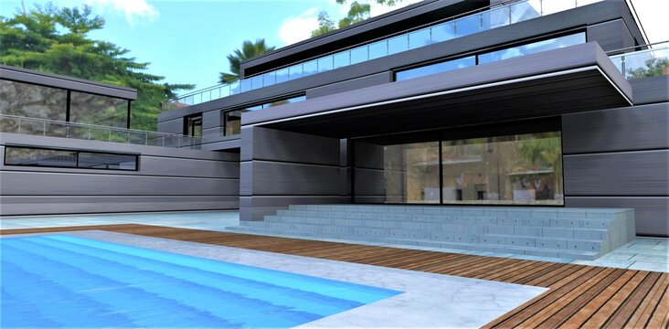 An elegant private villa with a swimming pool in the suburbs of the capital Bali. Spacious yard. Porch with designer canopy. Metal finishing of a facade. 3d render.