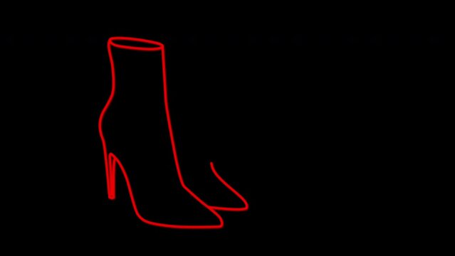 Shoes, high heels, stylish footwear, boots outline self drawing animation. Red on black background.	