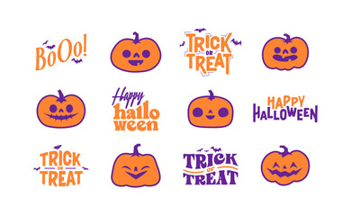 Halloween graphic elements with carved pumpkins and bats. Trick or treat, Boo and spooky designs. Halloween decoration.