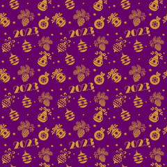 New Year's seamless pattern 2023. Golden toys and cones on a lilac background.