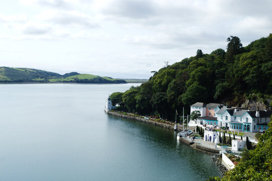 Beautiful Portmieiron village Wales. Dramatic landscape view of the small port with it's hotel.  Charming, historic Welsh resort.