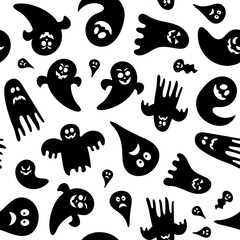 Seamless pattern for Halloween design. Halloween symbols ghost in cartoon style.