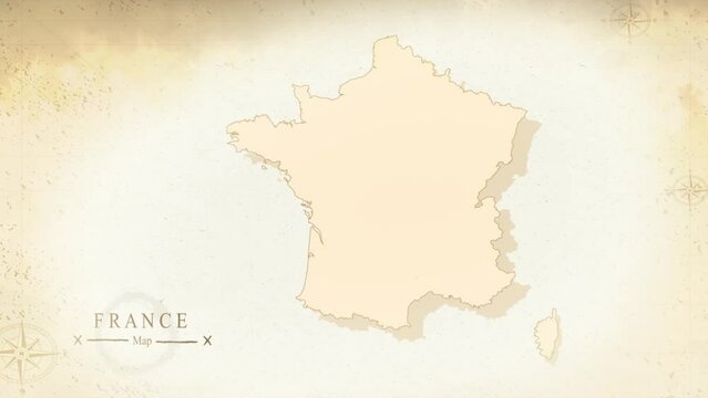 Map of France in the old style, brown graphics in retro fantasy style. High quality 4K resolution.
