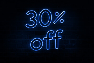 30% discount number percent neon glow light signs on a dark background Image