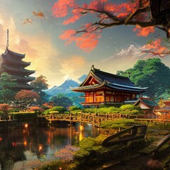 Naklejka premium Ein liebevoll gezeichnetes Japanisches Dorf im Hinterland,CG Kunst,Wallpaper